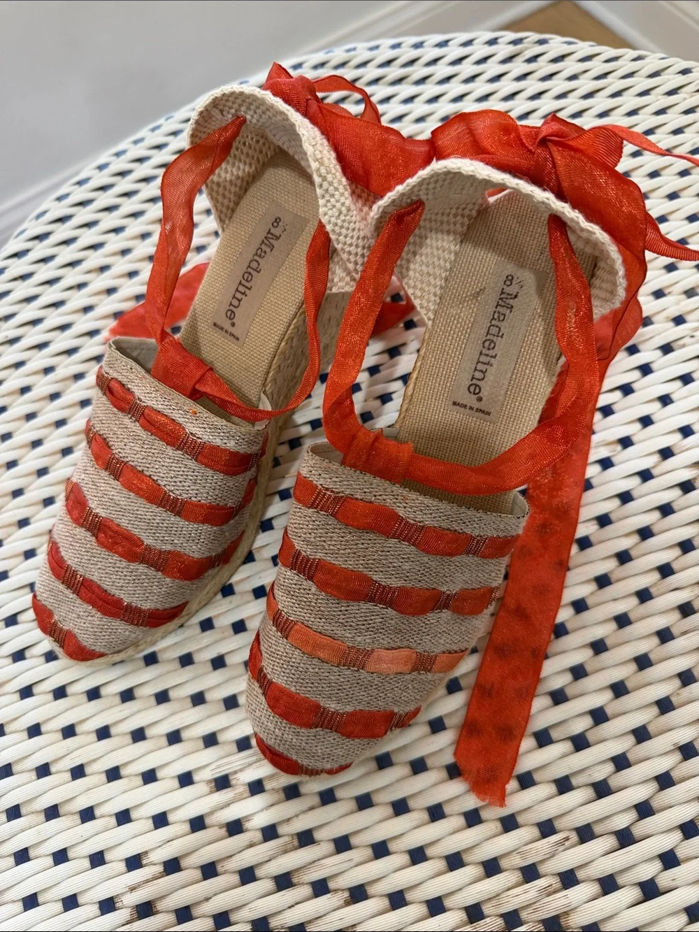 Madeline Beige Espadrille Flats with Red Ribbon Straps